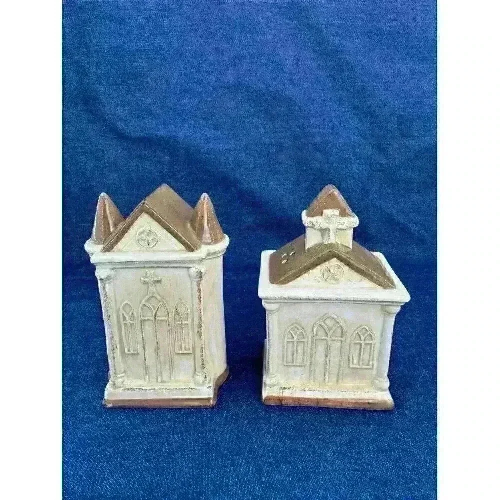 Vintage‎ Church Temple Religion Ceramic Salt & Pepper Shakers With Stand